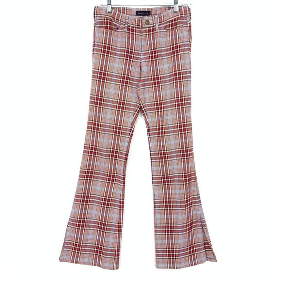 VTG Abercrombie & Fitch Y2K Flare Leg Low Rise Pants Womens Sz 0 Red Blue Plaid - Picture 1 of 5